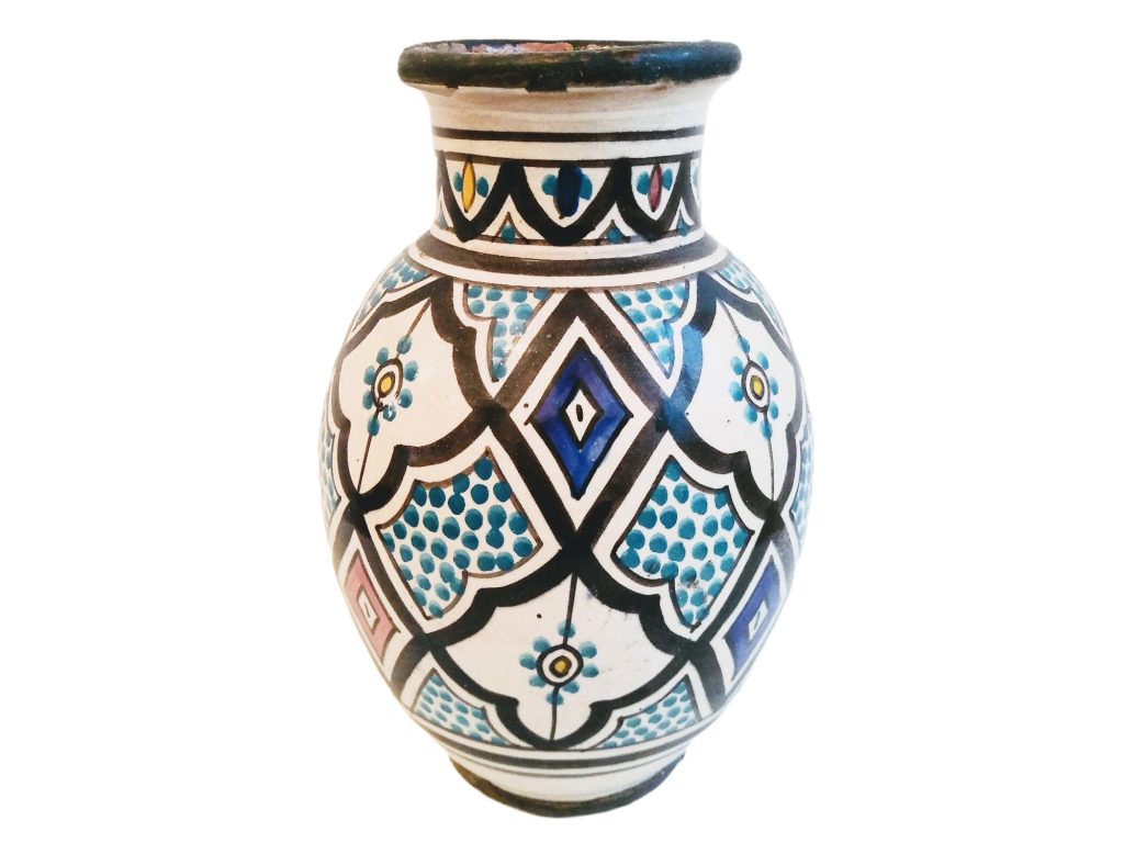 Vintage Moroccan Safi Medium Brown White Blue Terracotta Vase display pot storage Arabian prop display c1980-90’s