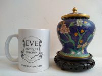 Alternative view of Vintage Chinese Medium Enamel Gold Blue Lidded Pot Container With Flower Decoration With Stand Display c1960-70's