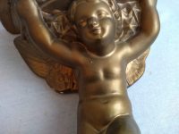 Alternative view of Vintage French Large Plaster Wall Hanging Gold Cherub Angel Faux Stone Plinth Display Stand Display Wall Decor c1960-70's