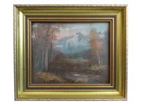 Vintage French Trees Tree Woodland Snow Capped Mountains Hedgerow Oil Painting On Canvas Normandy Signed circa 1960-70's