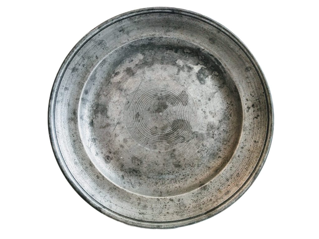 Antique French Pewter Eating Bowl Plate Platter Bashed And Bruised Heavy Tarnish Patina display circa 1910-20’s