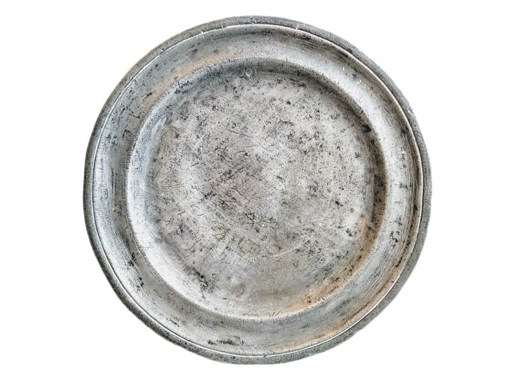 Antique French Pewter Eating Bowl Plate Platter Bashed And Bruised Heavy Tarnish Patina display circa 1880-1900's