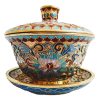 Vintage Chinese Small Enamel Gold Blue Pot Bowl Dish With Flower Decoration With Stand Display Jewellery Tea Cup c1980-90's