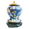 Vintage Chinese Medium Enamel Gold Blue Lidded Pot Container With Flower Decoration With Stand Display c1960-70's