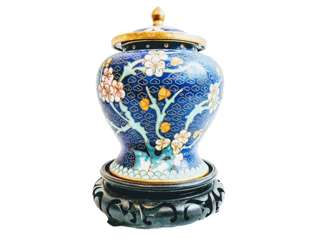 Vintage Chinese Medium Enamel Gold Blue Lidded Pot Container With Flower Decoration With Stand Display c1960-70’s
