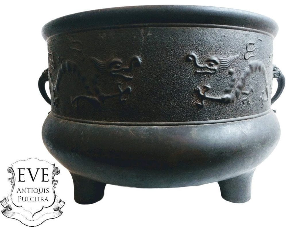 Vintage Chinese Large Bronze Pot Vase Bowl Planter With Ornate Dragon Decor Storage Display Centrepiece c1960-1970's