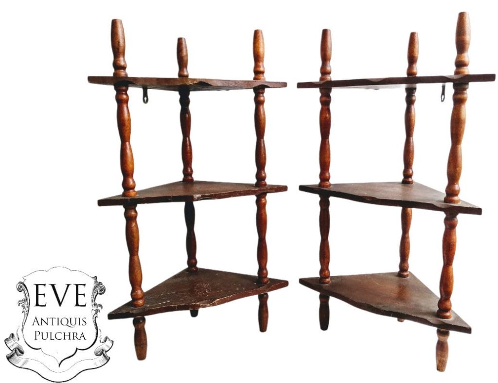 Vintage French Small Corner Shelf Wooden Wood Stand Standing Wall Mounted Display Varnished Dark Pair circa 1960-70’s