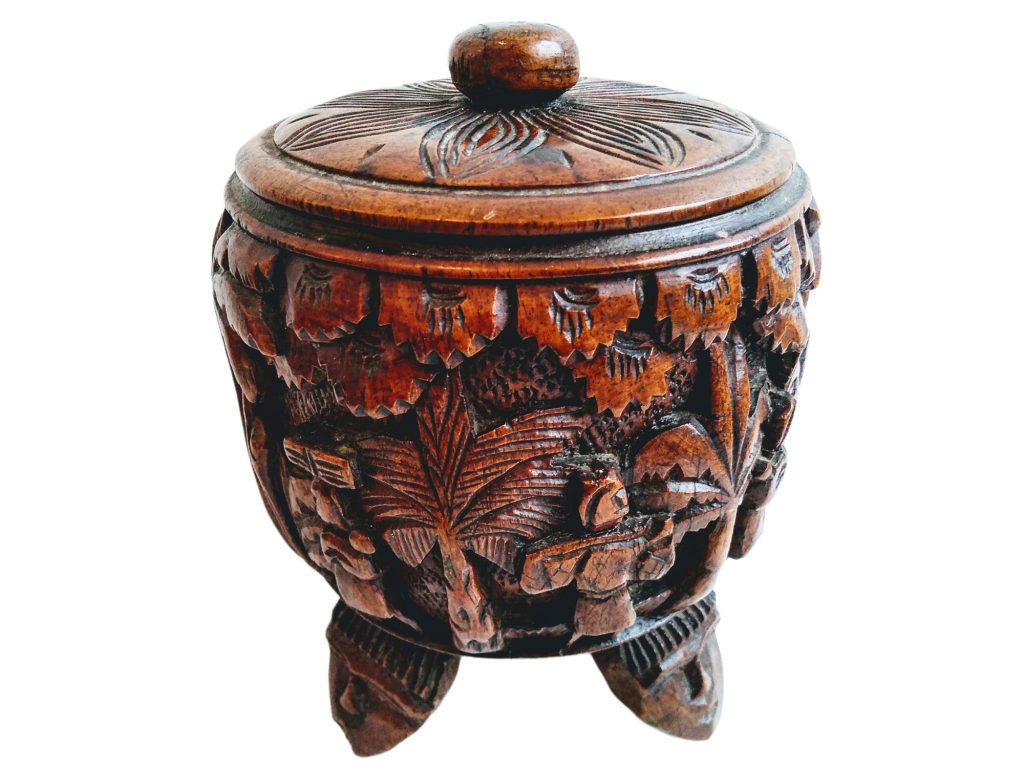 Vintage South Pacific Protective Spirit Palm Trees Decorative Wooden Carved Decorated Round Lidded Storage Box c1970’s