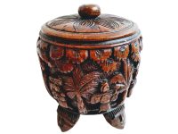 Vintage South Pacific Protective Spirit Palm Trees Decorative Wooden Carved Decorated Round Lidded Storage Box c1970’s Vintage South Pacific Protective Spirit Palm Trees Decorative Wooden Carved Decorated Round Lidded Storage Box c1970's