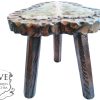 Vintage French Small Stool Worn Leather Top Wooden Wood Stool Chair Seat Side Stand Flower Pot Ornament Display c1960-70's
