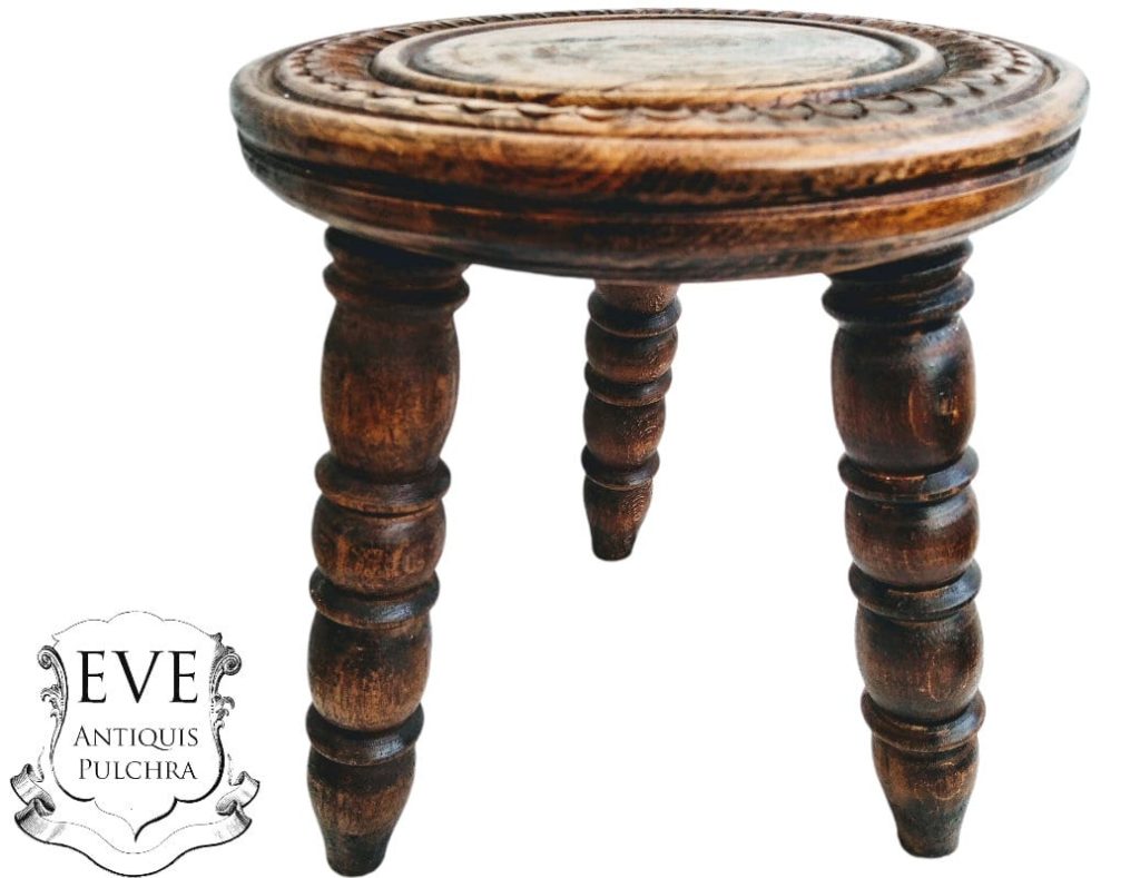 Vintage French Small Stool Table Wooden Wood Chair Seat Side Stand Flower Pot Ornament Display Shelf Prop circa 1970-80's