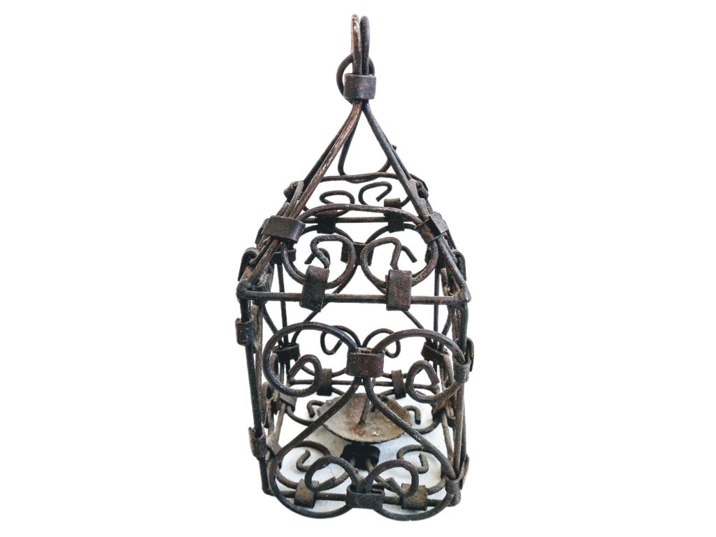 Vintage French Small Metal Hanging Night Light Candle Wire Cage Holder Decorative Black Rusty Hanger circa 1980-90’s