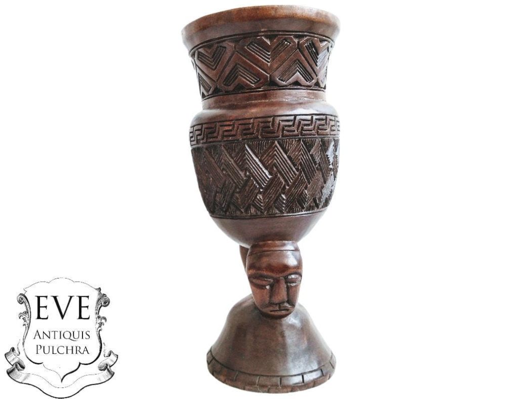 Vintage African Kuba Cup Chalice Of The Kings Wooden Catch-All Bust Figurine Statue Sculpture Carving Tribal Art c1970-80's