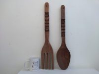 Alternative view of Vintage Philipino Carved Wood Wooden Giant Large Decorative Spoon And Fork Cutlery Wall Kitchen Decor Display c1970-80's