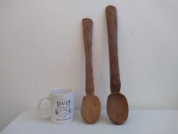 Alternative view of Vintage French Primitive Hand Carved Wood Wooden Large Decorative Spoon Pair Cutlery Wall Kitchen Decor Display c1950-60's