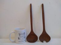 Alternative view of Vintage French Primitive Hand Carved Wood Wooden Large Salad Serving Spoon Pair Cutlery Kitchen Decor Display c1970-80's