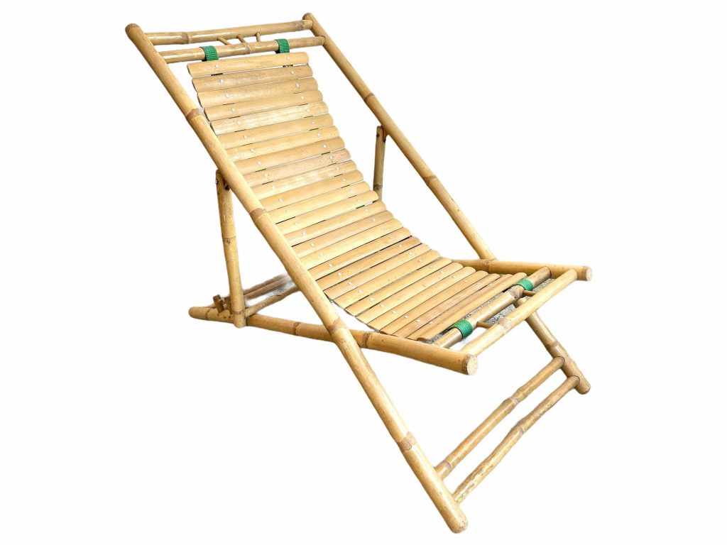 Vintage Asian Bamboo Deck Chair Sun Lounger Natural Weathered Chaise Longue Foldable Beach Garden Carry On circa 2000s