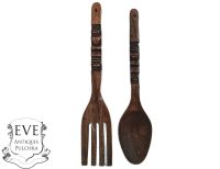 Vintage Philipino Carved Wood Wooden Giant Large Decorative Spoon And Fork Cutlery Wall Kitchen Decor Display c1970-80's