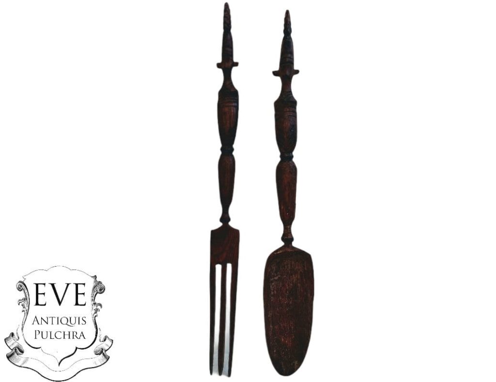 Vintage African Carved Wood Wooden Large Decorative Spoon And Fork Cutlery Wall Kitchen Decor Display c1960-70’s