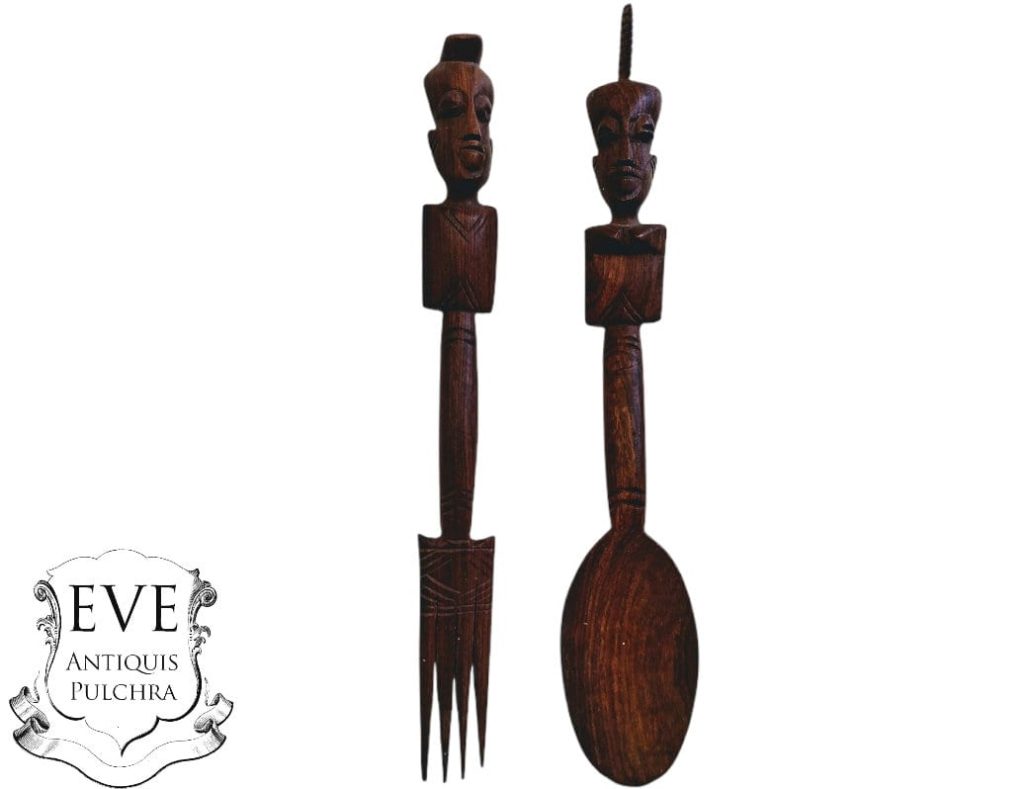 Vintage African Carved Wood Wooden Large Decorative Spoon And Fork Cutlery Wall Kitchen Decor Display c1960-70’s