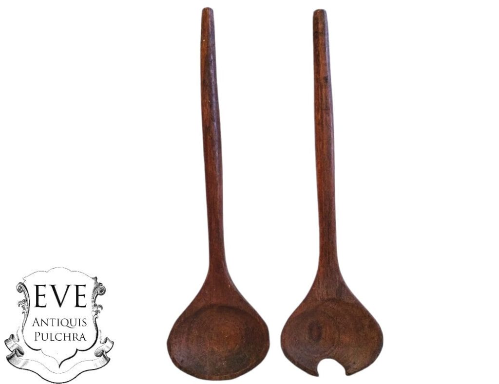Vintage French Primitive Hand Carved Wood Wooden Large Salad Serving Spoon Pair Cutlery Kitchen Decor Display c1970-80’s