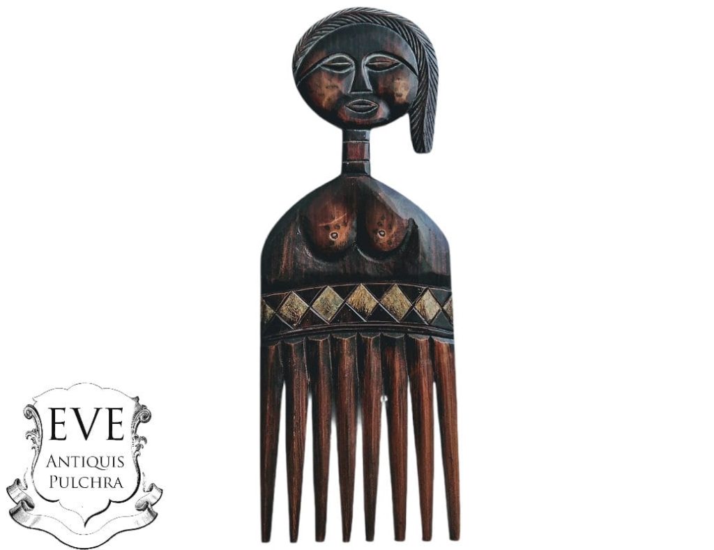 Vintage Large African Comb Afro Pick Wood Hair Primitive Sculpture Carving Tribal Art Decor Slide Head c1970-80’s