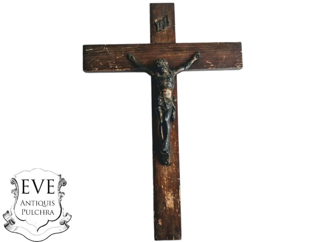 Vintage French Large Crucifix Wood Metal Christ With Patina Catholic Church Chapel Cross Religious Symbol Jesus c1950-60’s