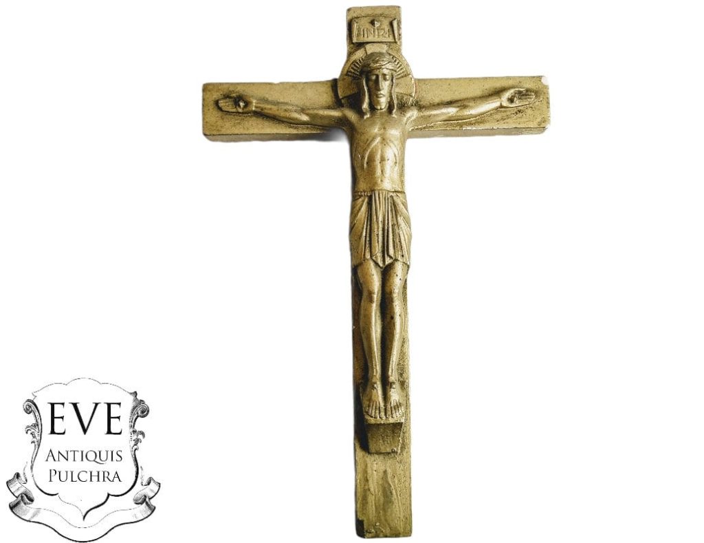 Vintage French Crucifix Plaster Christ With Patina Wear Catholic Church Chapel Cross Religious Symbol Jesus c1960-70's