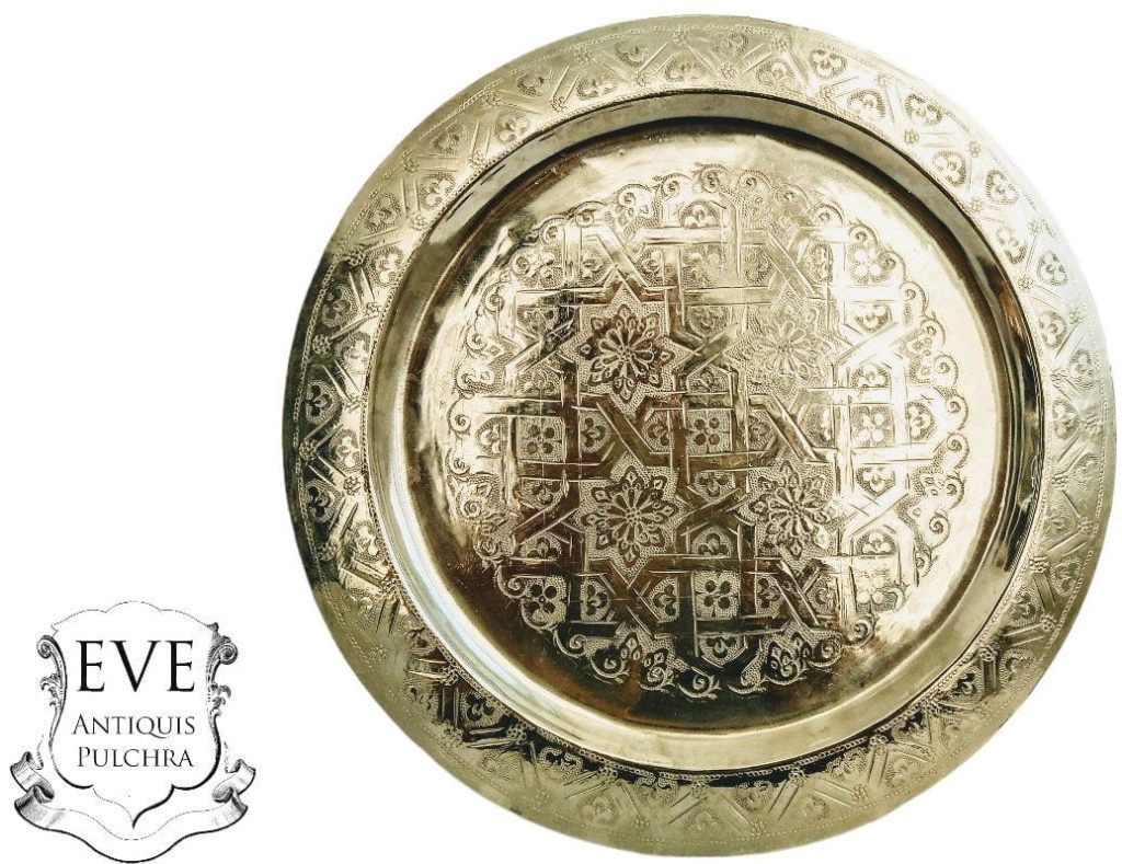 Vintage Arabic Islamic Tray Decorative Goat Silver Plate Metal Circular Dish Platter Decorative Table Tarnish Patina c1980’s
