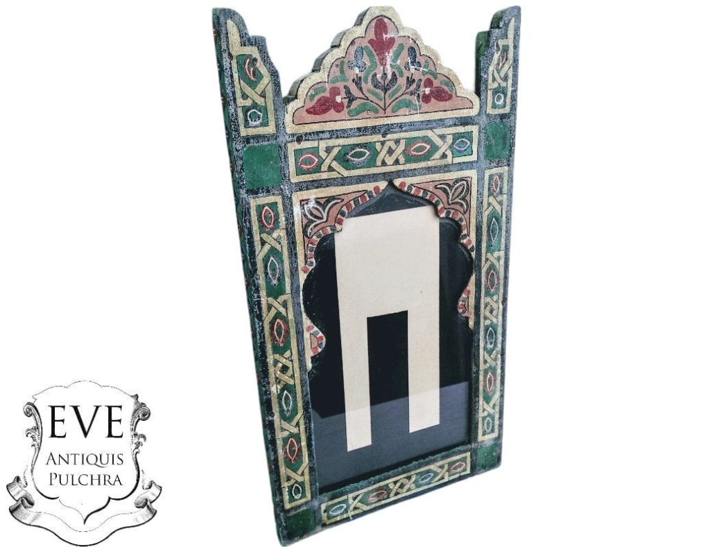 Vintage Moroccan Wall Hanging Photo Frame Mirror Wood Glass Fronted Temple Shape Dome Hand Made Decorative Cloakroom c1970’s