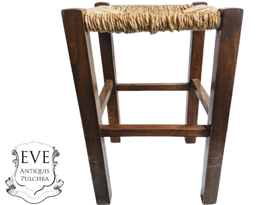 Vintage French Stool Wooden Brown Natural Wood Small Stand Woven Chair Display Rest Plinth Seating Seat Plant c1980-1990's