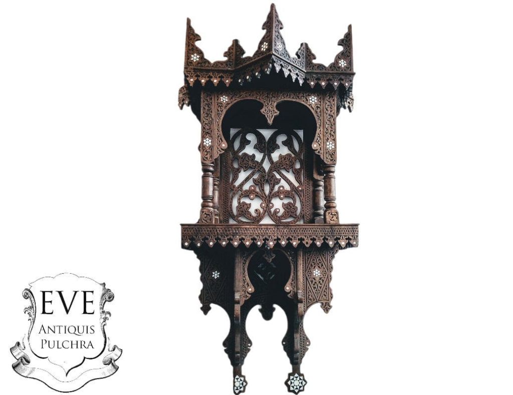 Vintage Indian Shelf Temple Altar Unit Wood Wooden Dark Brown Shell Inlaid Shelving Wall Stand Display Plinth c1960-1970's