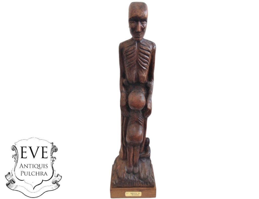 Vintage German Art Sculpture Rwandan Genocide African Famine Memorium Wooden Wood Artwork Carved Statue Carving c1990's