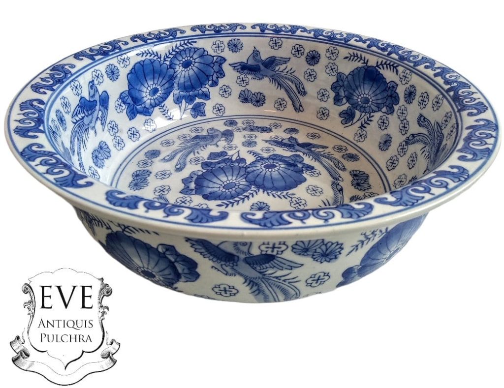 Vintage French Large Wash Water Bowl Sink Traditional Large Ceramic Dish Planter Pot Fruit Display Blue White c1970-80’s
