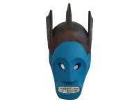 Vintage African Wooden Bust Mask Wall Decor Blue Painted Carved Statue Carving Sculpture Wood Tribal Art c1980-90's