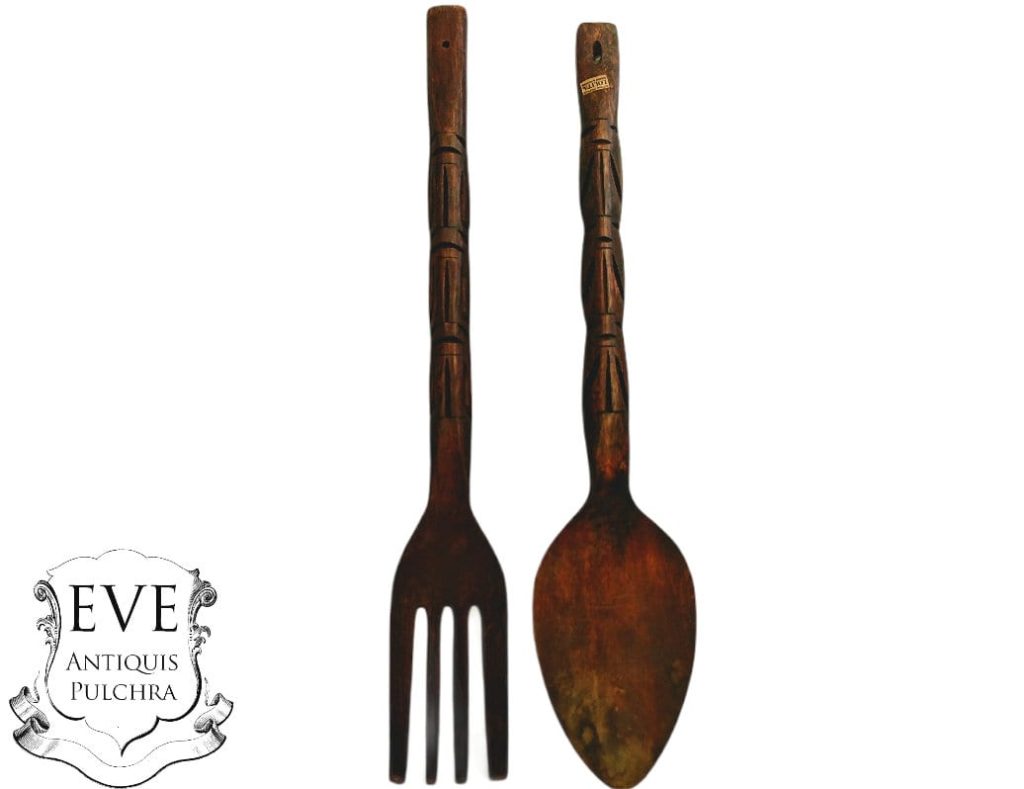 Vintage Philipino Carved Wood Wooden Giant Large Decorative Spoon And Fork Cutlery Wall Kitchen Decor Display c1970-80’s