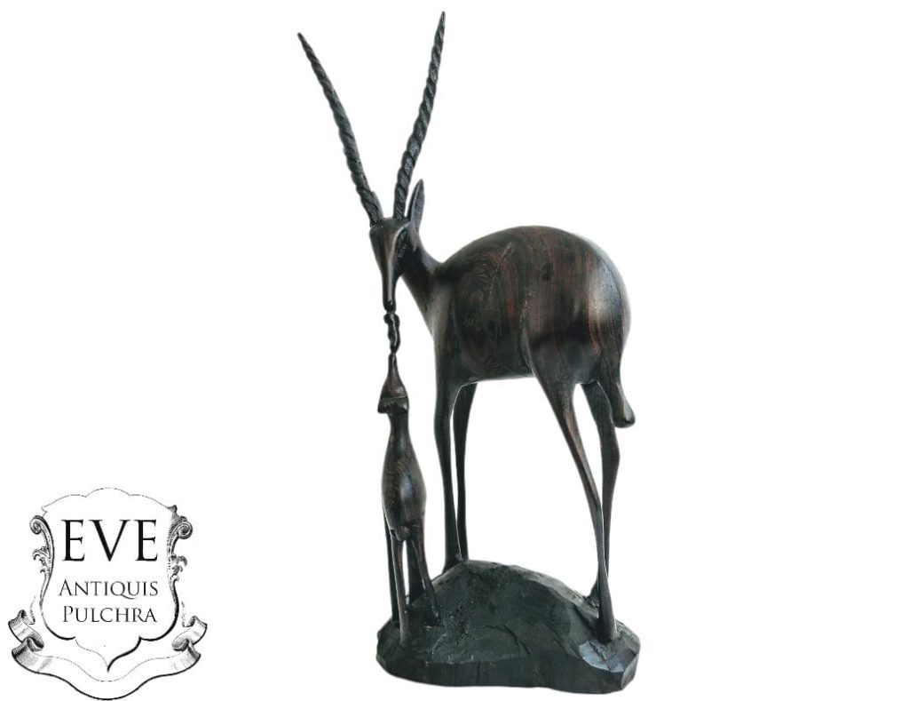 Vintage African Antelope Animal Deer Sculpture Carving Tribal Africa Art Decor Ebony Wood Display Fawn c1980-90’s