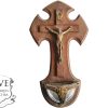 Vintage French Crucifix With Font Wood Metal Glass Christ With Patina Catholic Church Chapel Cross Religious Jesus c1970's