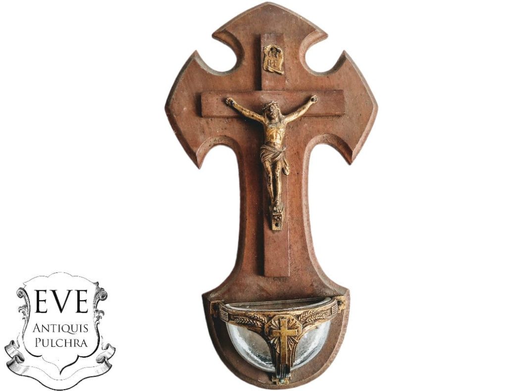 Vintage French Crucifix With Font Wood Metal Glass Christ With Patina Catholic Church Chapel Cross Religious Jesus c1970’s