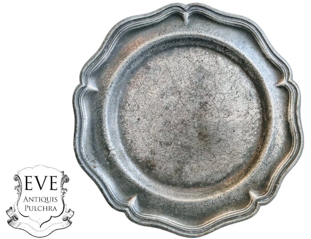 Antique French Small Pewter Dinner Plate tray charger platter serving lap table display bashed bruised patina c1800-50’s