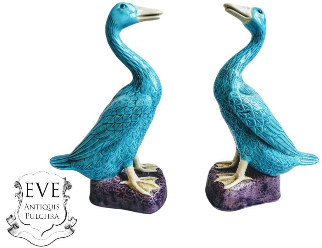 Vintage Chinese Duck Blue White Export Porcelain Figural Ducks Pair Ceramic Ornament Decorative Figurine Medium c1950-60’s