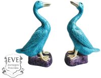 Vintage Chinese Duck Blue White Export Porcelain Figural Ducks Pair Ceramic Ornament Decorative Figurine Medium c1950-60's