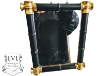 Vintage French Wooden Wood Bamboo Look Wall Hanging Mirror Wood Glass Black Gold Bathroom Cloakroom Hallway c1960-70's