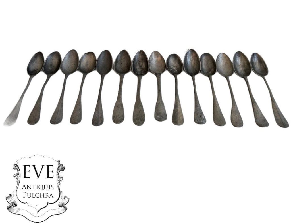 Antique French Pewter Large Dinner Spoon Spoons Set Of Fourteen old worn cutlery flatware silverware tableware circa 1850’s