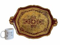 Alternative view of Vintage Italian Florentine Florence Red Gold Wood Ornately Decorated Medium Serving Lap Tray Handled Decoration c1970-80's