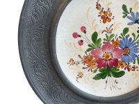 Alternative view of Vintage French Heavy Plate With Pewter Surround Hand Painted Flowers charger platter serving display wall hanging c1960's