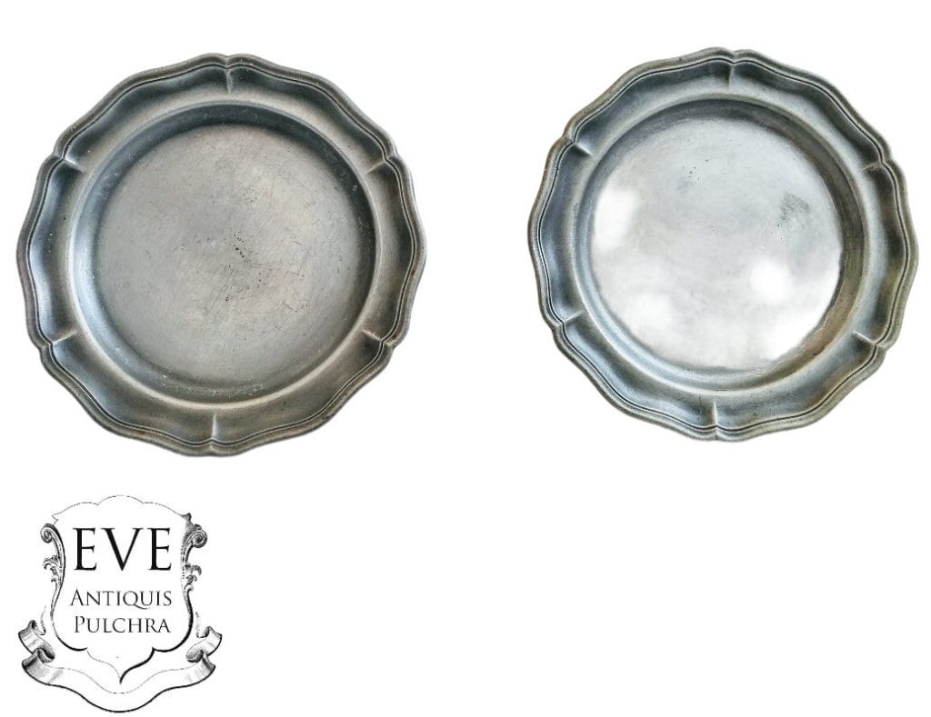Vintage French Pair Of Small Pewter Coasters Dishes serving table display table tarnish patina c1950’s