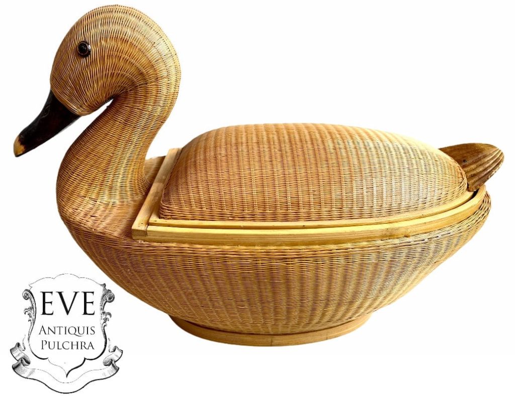 Vintage Chinese Duck With Lid Wicker Basket Shanghai Collection Small Traditional Craftsman Made Wickerwork Woven c1970’s