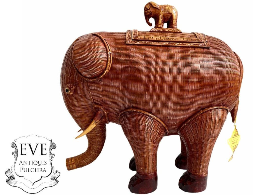 Vintage Chinese Elephant With Lid Wicker Basket Shanghai Collection Small Traditional Craftsman Wickerwork Woven c1970’s