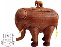 Vintage Chinese Elephant With Lid Wicker Basket Shanghai Collection Small Traditional Craftsman Wickerwork Woven c1970's
